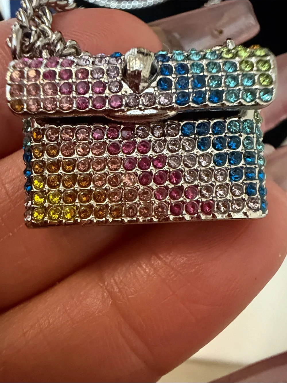 Kurt Geiger London Purse Long Necklace Multicolored Rainbow Crystals NEW 36”